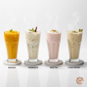 Lassi (Mango, Namkeen, Meethi, and Cardomom)